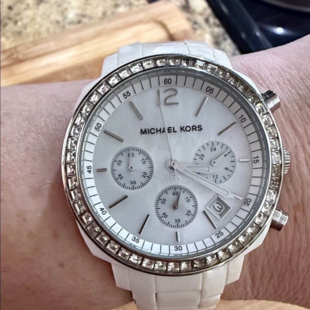 Michael Kors Silver and White Chronograph Watch